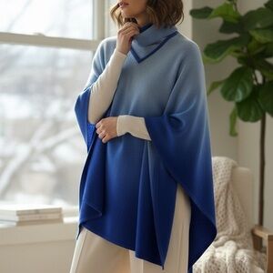 Cashmere Blue Ombre Knit Poncho Handmade In Nepal